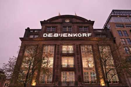 AMSTERDAM, NETHERLANDS - DECEMBER 6, 2017: De Bijenkorf flagship department store in Amsterdam, Netherlands. De Bijenkorf is a Dutch chain of high end department stores.のeditorial素材