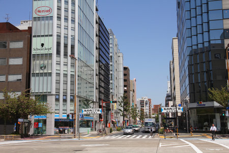 NAGOYA, JAPAN - APRIL 28, 2012: Street view in downtown Nagoya, Japan. With almost 9 million people Nagoya is the 3rd largest metropolitan area in Japan.のeditorial素材