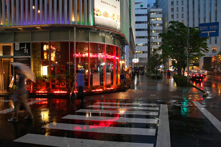 TOKYO, JAPAN - MAY 9, 2012: People shop in the rain in Shinjuku district, Tokyo. Shinjuku is one of special wards of Tokyo. 337,556 people live here.のeditorial素材