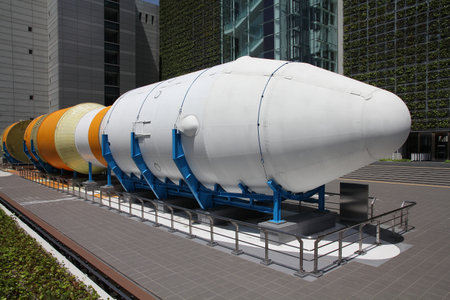 NAGOYA, JAPAN - APRIL 28, 2012: Space rocket in front of Nagoya City Science Museum in Nagoya, Japan. H-IIB is an expendable launch system used for International Space Station missions.のeditorial素材
