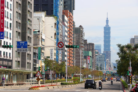 TAIPEI, TAIWAN - DECEMBER 4, 2018: Xinyi Road in Taipei, Taiwan. Taipei is the capital city of Taiwan with population of 8.5 million in its urban area.のeditorial素材