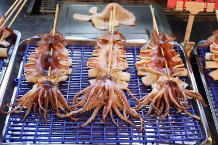 Taiwan night food market - Kenting Street Night Market. Grilled squid on stick.の写真素材