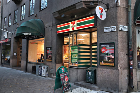 STOCKHOLM, SWEDEN - AUGUST 22, 2018: 7-Eleven convenience store in Stockholm, Sweden. 7-Eleven is...