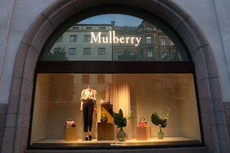 STOCKHOLM, SWEDEN - AUGUST 22, 2018: Mulberry fashion store in Stockholm, Sweden. Mulberry is a British luxury goods brand.のeditorial素材
