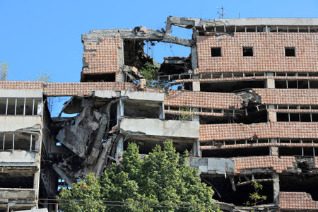 BELGRADE, SERBIA - AUGUST 15, 2012: War destruction in Belgrade, Serbia. The Yugoslav Ministry of...