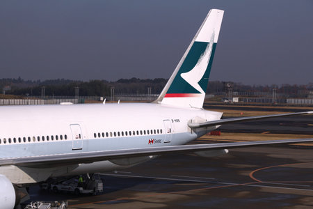 TOKYO, JAPAN - DECEMBER 5, 2016: Cathay Pacific Boeing 777-300 at Narita Airport of Tokyo. The airport is the 2nd busiest airport of Japan with 34,751,221 annual passengers (2015).のeditorial素材