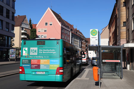 NUREMBERG, GERMANY - MAY 7, 2018: Bus stop in Nurnberg, Germany. Nuremberg is located in Middle Franconia. 511,628 people live here.のeditorial素材