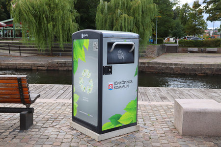 JONKOPING, SWEDEN - AUGUST 25, 2018: BigBelly trash compacting public space bin in Jonkoping Sweden.のeditorial素材