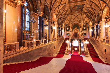 BUDAPEST, HUNGARY - JUNE 19, 2014: Interior view of Parliament Building in Budapest. The building was completed in 1905 and is in Gothic Revival style.のeditorial素材