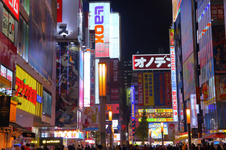 TOKYO, JAPAN - DECEMBER 1, 2016: Night street view of Akihabara district of Tokyo, Japan. Akihabara district is known as Electric Town district, it has reputation for electronics stores and otaku culture.のeditorial素材