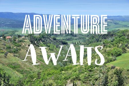 Adventure awaits - social media travel motivational poster.の写真素材