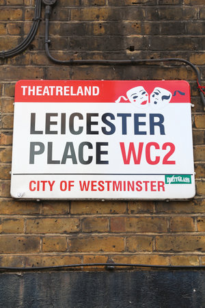 LONDON, UK - JULY 6, 2016: Leicester Place West End sign in London, UK. London is the most populous city in the UK with 13 million people living in its metro area.のeditorial素材
