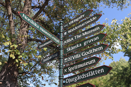 STOCKHOLM, SWEDEN - AUGUST 24, 2018: Tourist attractions directions sign in Stockholm, Sweden. Stockholm is the capital city and most populous area in Sweden.のeditorial素材