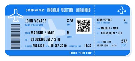 Boarding pass vector illustration. Airline ticket design with QR code.のイラスト素材