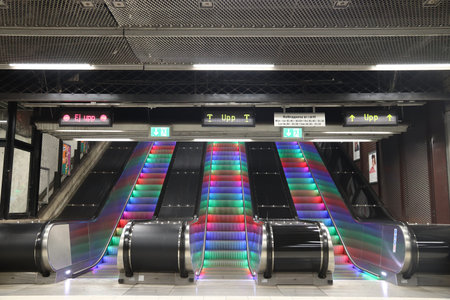 STOCKHOLM, SWEDEN - AUGUST 24, 2018: Escalator in Stockholm metro (T-bana) underground station in Sweden. Stockholm metro is known for its artistic station interiors.のeditorial素材