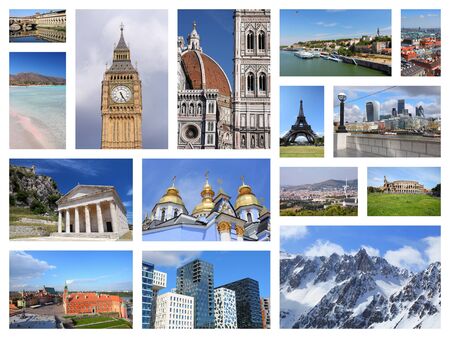 Europe landmarks collage postcard - tourism attractions montage including Paris, Florence, Rome, London, Barcelona, Kiev, Warsaw, Serbia and Greece.の写真素材
