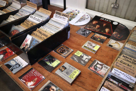 LONDON, UK - JULY 13, 2019: Collectible CDs and vinyl records at Backyard Market in Spitalfields...