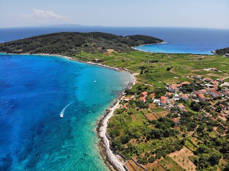 Korcula island, Croatia. Aerial view of coast and vineyards in Lumbarda.