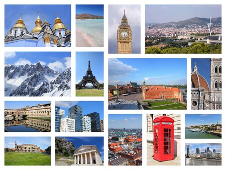 Europe landmarks collage postcard - tourism attractions montage including Paris, Florence, Rome, London, Barcelona, Kiev, Warsaw, Serbia and Greece.の写真素材