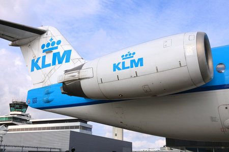 AMSTERDAM, NETHERLANDS - JULY 11, 2017: KLM Cityhopper Fokker 100 Rolls Royce engine at Schiphol Airport in Amsterdam.のeditorial素材