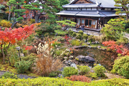 Nara, Japan. Autumn foliage in Japanese garden. Yoshikien Garden.のeditorial素材