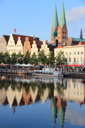 LUBECK, GERMANY - AUGUST 29, 2014: Old Town sunset light in Lubeck, Germany. Lubeck is the 2nd largest city in Schleswig-Holstein region. Its old town is a UNESCO World Heritage Site.のeditorial素材