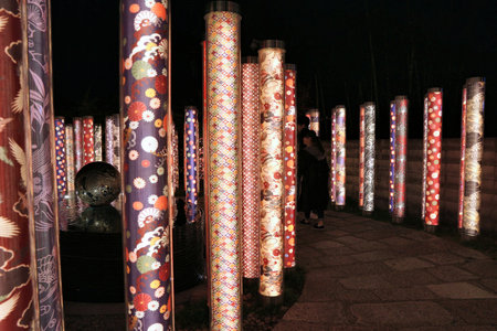 KYOTO, JAPAN - NOVEMBER 25, 2016: Arashiyama Kimono Forest in Kyoto, Japan. Kimono Forest is a tourist attraction showcasing variety of Japanese kimono textiles.のeditorial素材