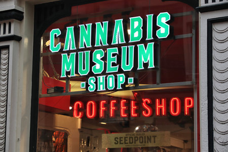 AMSTERDAM, NETHERLANDS - DECEMBER 6, 2018: Cannabis Museum coffeeshop in Amsterdam. Netherlands is known for its relaxed laws towards recreational use of drugs like marijuana.のeditorial素材