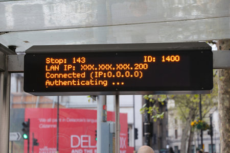 LONDON, UK - JULY 7, 2016: Error on bus stop sign electronic display in London, UK. There are 19,000 bus stops in London.のeditorial素材