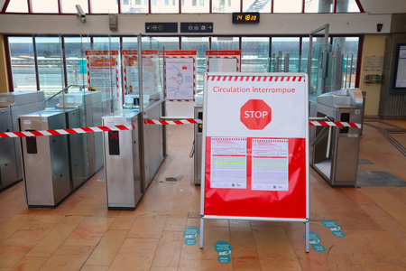 PARIS, FRANCE - DECEMBER 10, 2019: Closed RER train station in Paris, France. Public transportation in December 2019 was disrupted by transportation worker strikes.のeditorial素材