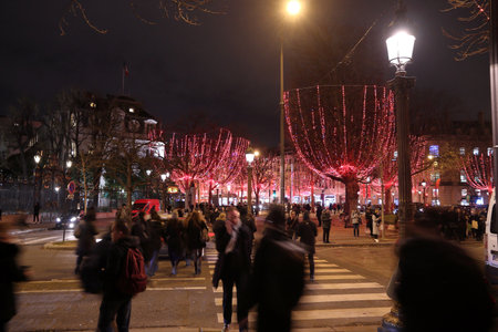 PARIS, FRANCE - DECEMBER 10, 2019: Christmas decorations in Champs-Elysees avenue of Paris, France. Paris is the biggest city in France, with 12.5 million people living in its metro area.のeditorial素材