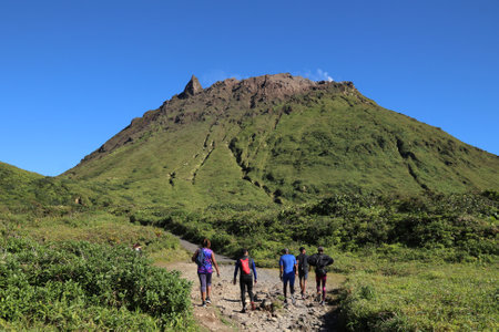 GUADELOUPE, FRANCE - DECEMBER 1, 2019: People hike the summit trail to La Soufriere volcano in Caribbean French island of Guadeloupe. La Soufriere's last eruption was in 1979.のeditorial素材