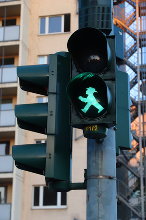 CHEMNITZ, GERMANY - MAY 8, 2018: Ampelmann pedestrian crossing symbol in Chemnitz. German traditional traffic symbols have many fans and even some cult following.のeditorial素材