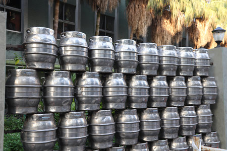 TAIPEI, TAIWAN - DECEMBER 4, 2018: Taiwan Beer Brewery fence made from beer barrels in Taipei,...