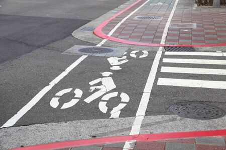 Bicycle lane in Taipei, Taiwan. Transportation infrastructure. Pedestrian and bicycle crossing.