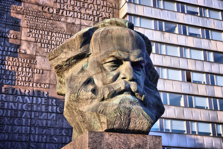 CHEMNITZ, GERMANY - MAY 8, 2018: Karl Marx monument in public space of Chemnitz city, Germany. The monument is locally known as Nischel. It was designed by Lev Kerbel.のeditorial素材