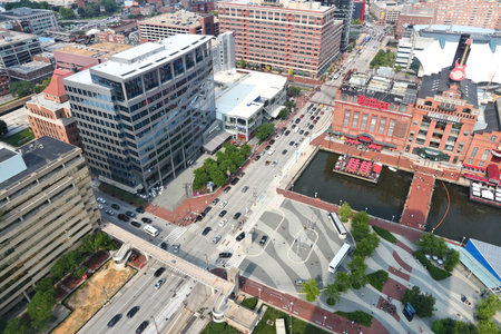 BALTIMORE, USA - JUNE 12, 2013: Aerial view of Baltimore, Maryland. Baltimore is the largest city in...