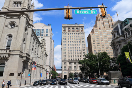 PHILADELPHIA, USA - JUNE 11, 2013: Traffic in downtown Philadelphia. As of 2012 Philadelphia is the 5th most populous city in the US with 1,547,607 citizens.のeditorial素材