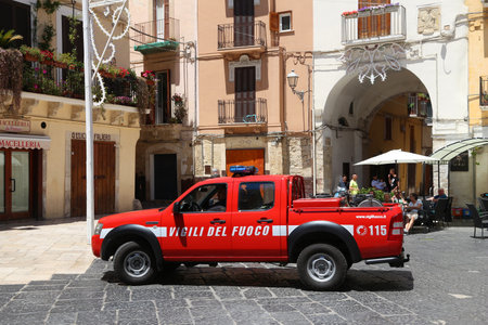 BARI, ITALY - MAY 28, 2017: Firefighters work in Bari, Italy. There are about 30,000 fire fighters in Italian Vigili Del Fuoco.のeditorial素材