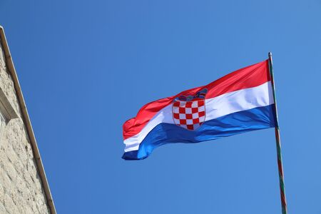 Flag of Croatia in Korcula Old Town. Croatian national colors.の写真素材