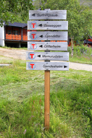 JOTUNHEIMEN, NORWAY - AUGUST 1, 2015: Signs for Besseggen trail in Jotunheimen National Park, Norway. Norway had almost 5 million foreign visitors in 2011.のeditorial素材