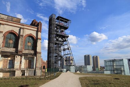 Katowice, Poland - retro industrial coal mine shaft tower. Upper Silesia region.の写真素材