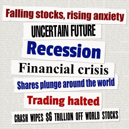 Financial crisis newspaper titles. Stock markets falling down. News headline collection vector.のイラスト素材