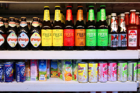 DUBAI, UAE - DECEMBER 9, 2017: Non alcoholic beverages on supermarket shelves in Dubai. Annual retail sales in Dubai amount to 43.5 billion USD (2015).のeditorial素材