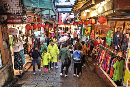 JIUFEN, TAIWAN - NOVEMBER 23, 2018: People visit heritage Old Street market of Jiufen located in Ruifang District of New Taipei City. Jiufen is also known as Jioufen or Chiufen.のeditorial素材