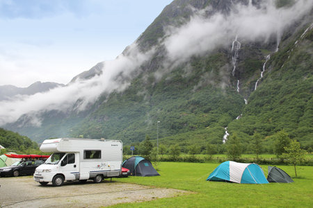 GUDVANGEN, NORWAY - JULY 18, 2015: Camper vacation in Gudvangen, Norway. Norway had almost 5 million foreign visitors in 2011.のeditorial素材