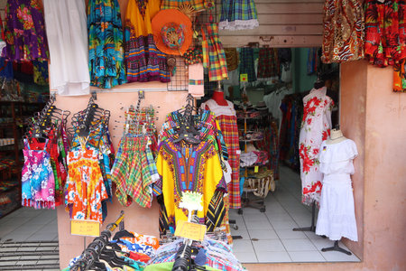 GUADELOUPE, FRANCE - DECEMBER 6, 2019: Madras plaid traditional Caribbean clothes in Pointe-a-Pitre city, Guadeloupe. Pointe-a-Pitre is the biggest city of Guadeloupe.のeditorial素材