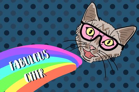 Cat meme with copy space for your text. Space cat and rainbow - bizarre trippy stuff.