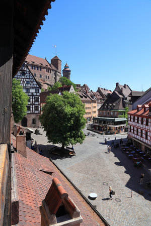 NUREMBERG, GERMANY - MAY 8, 2018: People visit the Old Town in Nuremberg, Germany. Nuremberg is located in Middle Franconia. 511,628 people live here.のeditorial素材