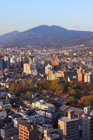 KYOTO, JAPAN - APRIL 14, 2012: Aerial view of Shimogyo and Higashiyama wards of Kyoto, Japan. Kyoto is the 8th most populous city in Japan, with 1.5 million inhabitants.のeditorial素材